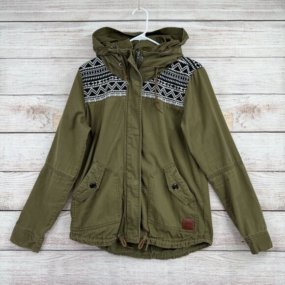 Roxy Jackets & Blazers - Roxy Military BOHO Print Jacket Women's Size Medium Green Stowable Hood